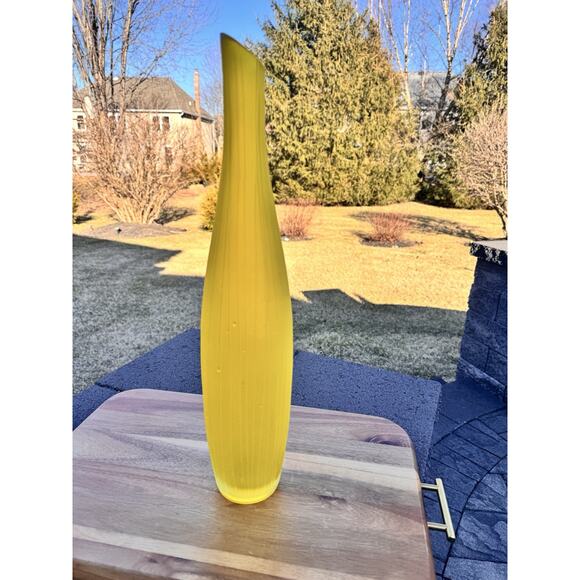 Frosted Yellow Art Glass Vase with Vertical Etched Lines 19.5”